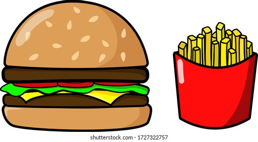 Hamburger and fries set. Fast food isolated on a white background illustration.