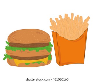 hamburger and fries. vector illustration.