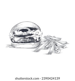 Hamburger and fries. Vector illustration in engraving style