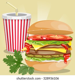 Hamburger and glass with a drink on a beige background.