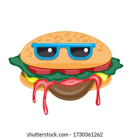 Hamburger with glasses cartoon on a white isolated background. Vector image eps 10
