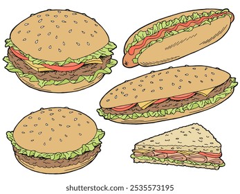 Hamburger graphic fast food color sketch set isolated illustration vector 