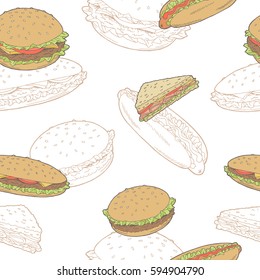 Hamburger graphic fast food color sketch seamless pattern illustration vector