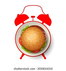 Hamburger With Grilled Beef, Slices Of Tomato, Onion And Lettuce On White Plate, And Silhouette Of Alarm Clock On Background. Time To Have A Lunch, Snack Break, Business Lunch, Nutritious Food