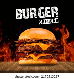hamburger with grilled cheddar. Delicious grilled burger with bacon close up.