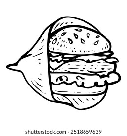 Hamburguesa dibujado a mano doodle. Emparedado de carne, ensalada, salsa en bolsa de papel. Bollo de sésamo. Bocadillo de carne. Café de la parrilla. Comida rápida para llevar. Vector boceto línea ilustración de arte.