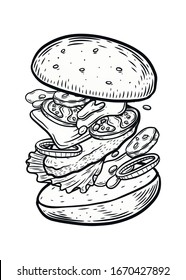 Hamburguesa. Ingredientes de quemadores voladores dibujados a mano ilustraciones vectoriales aisladas en fondo blanco.