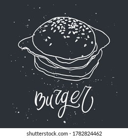 Hamburger hand drawn illustration. Burger with potato fries design concept in line art. Design for restaurant, cafe, emblem, sign, logo, label, brand, card.