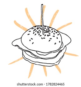 Hamburger hand drawn illustration. Burger with potato fries design concept in line art. Design for restaurant, cafe, emblem, sign, logo, label, brand, card.