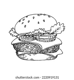 Hamburger hand drawn line vector illustration. Cheeseburger. Fast food meal isolated on white background
