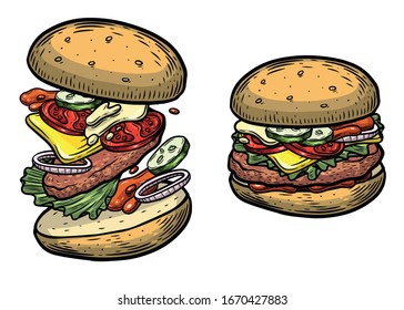 Hamburger. Hand drawn meat burger vector illustration isolated on white background.