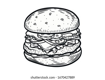 Hamburger. Hand drawn meat burger vector illustration isolated on white background.