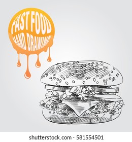 hamburger hand drawn sketch isolated on white background and yellow blob with drops. Fast food sketch elements vector illustration