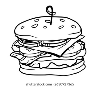 hamburger hand drawn vector color line illustration realistic sketch with  cheese, onion, cucumber, cutlet, hum, lettuce for poster, menu, package design
