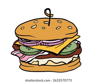 hamburger hand drawn vector color line illustration realistic sketch with  cheese, onion, cucumber, cutlet, hum, lettuce for poster, menu, package design