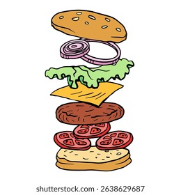 hamburger hand drawn vector color line illustration realistic sketch with its flying ingredients- cheese, onion, cutlet, tomatoes, lettuce for poster, menu, package design