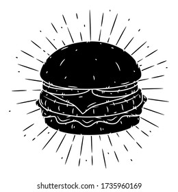 Hamburger. Hand drawn vector illustration with hamburger and sunburst. Used for poster, banner, web, t-shirt print, bag print, badges, flyer, logo design and more. 