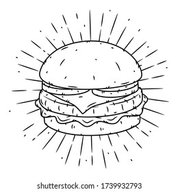 Hamburger. Hand drawn vector illustration with hamburger and sunburst. Used for poster, banner, web, t-shirt print, bag print, badges, flyer, logo design and more. 