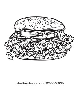 Hamburger hand drawn vector illustration. Ink graphic line art. Outline sketch for markets, shops. Clip art Poster for print. Coloring page. Isolated on white background