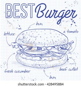 Hamburger hand drawn vector llustration realistic sketch. Burger,  recipe on a notebook page