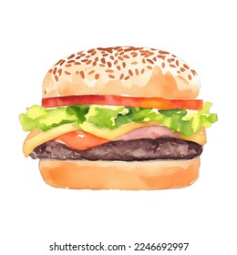 hamburger hand drawn with watercolor painting style illustration