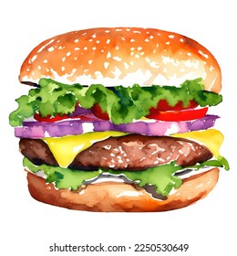 hamburger hand drawn with watercolor painting style illustration