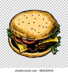 Hamburger hand sketch. Fast food vector illustration. 