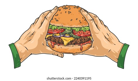 Hamburger in hands colorful emblem juicy burger with beef cutlet and melted cheese with vegetables in palms guy vector illustration