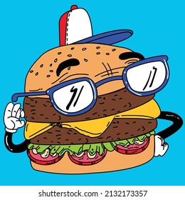Hamburger with hands lenses and a cap