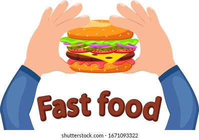 Hamburger in hands on a white. Fast food, place for text