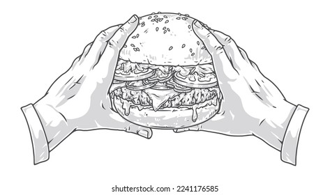 Hamburger in hands sticker colorful appetizing juicy cheeseburger from fast food restaurant menu with beef meat and vegetables vector illustration