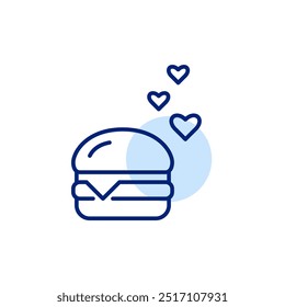 Hamburger and hearts. Food option reviews, add to favorites, delivery app. Pixel perfect, editable stroke icon