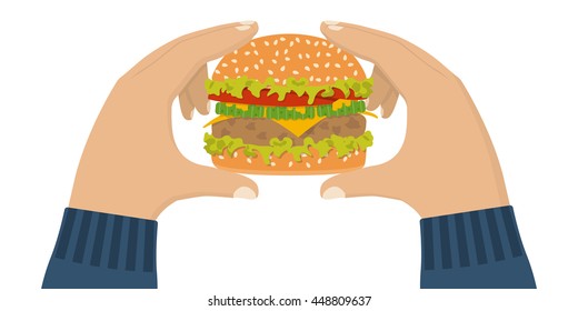 Hamburger holding in hand, isolated. Vector illustration flat style design. Eating fast food concept.