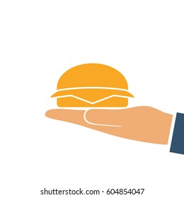 Hamburger holding in hand silhouette. Vector illustration flat style design. Eating fast food. Hamburger pictogram isolated on white background.
