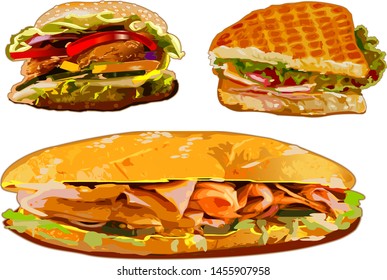 Hamburger and hot dog art set fast food vector illustration isolated on white