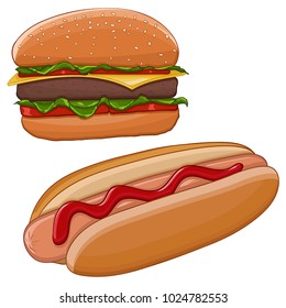 Hamburger and hot dog. Fast food. Vector illustration isolated on white background