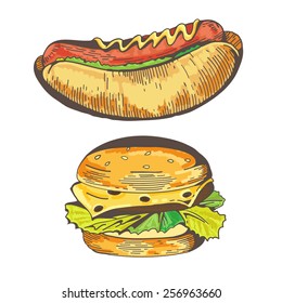 Hamburger and Hot dog. Fast food. Isolated Illustration. Burger house poster. Vector Illustration in a Engraving style. Design for the decoration of the cafe or menu. Eps 8