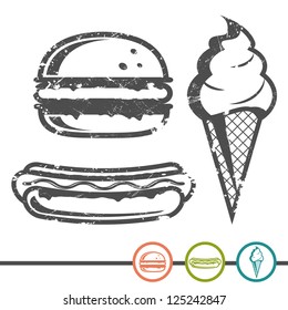 Hamburger, hot dog, ice cream in a wafer cone in grange style and an inking