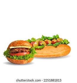 Hamburger and Hot Dog low poly. Fresh, nutritious, tasty Hamburger and Hot Dog.  Cheeseburger. Vector illustration. Fast food in triangulation technique.