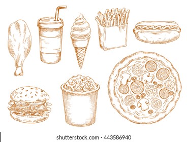 Hamburger and hot dog, pepperoni pizza with vegetables and chicken leg, french fries and popcorn, sweet soda drink and soft serve ice cream cone sketches. Retro stylized fast food menu design