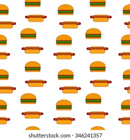 Hamburger and hot dog seamless pattern on white. Vector illustration.