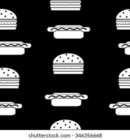 Hamburger and hot dog seamless pattern on black. Vector illustration.