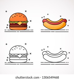 Hamburger and hot dog vector linear icon set.