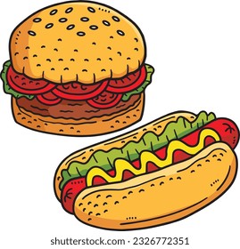 Hamburger and Hotdog Cartoon Colored Clipart