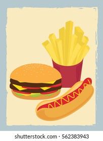 Hamburger hotdog and french fries vector. Vintage style fast food illustration. 