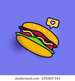 Hamburger, hotdog junk food with love sign flat design isolated on color background. Suitable for social media post and banner design.