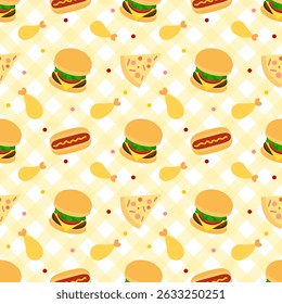 Hamburger hotdog em fundo amarelo, padrão de tecido, padrão xadrez, papel de embrulho para presente, padrão sem costura 