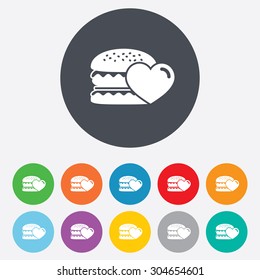 Hamburger icon. Burger food symbol. Cheeseburger sandwich sign. Round colourful 11 buttons. Vector