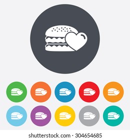 Hamburger icon. Burger food symbol. Cheeseburger sandwich sign. Round colourful 11 buttons. Vector