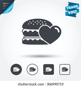 Hamburger icon. Burger food symbol. Cheeseburger sandwich sign. Circle and square buttons. Flat design set. Thank you ribbon. Vector
